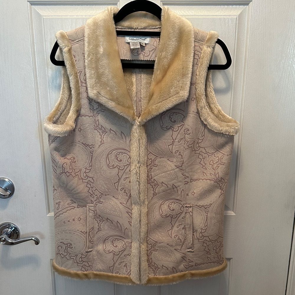 Coldwater Creek Beige & Cream Patterned Vegan Suede & Faux Fur Vest Size M